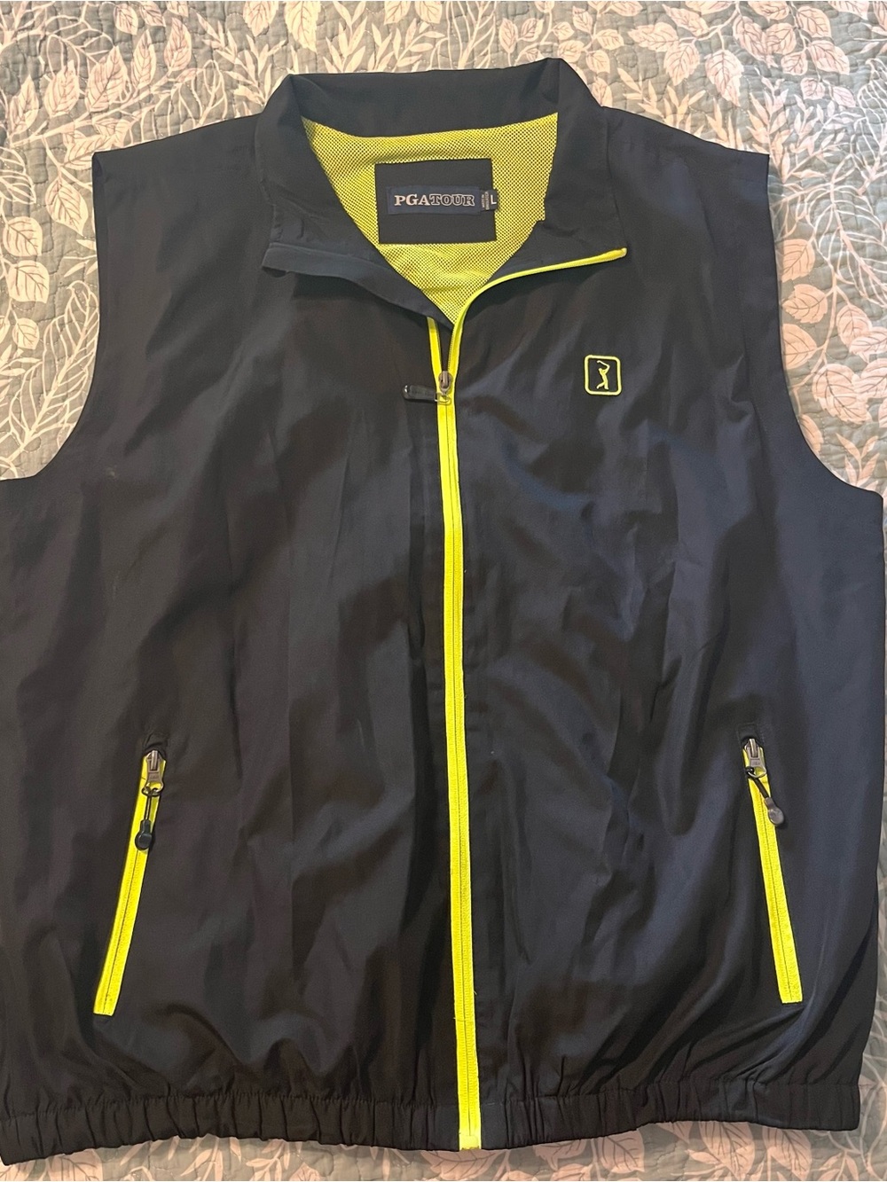 PGA TOUR Golf Vest Mens Large Black Neon Yellow Full Zip Lightweight Windbreaker